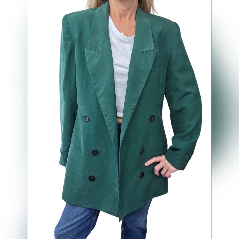 Vintage David Hollis Emerald Green Silk Double Breasted Power Blazer 80s 90s 8